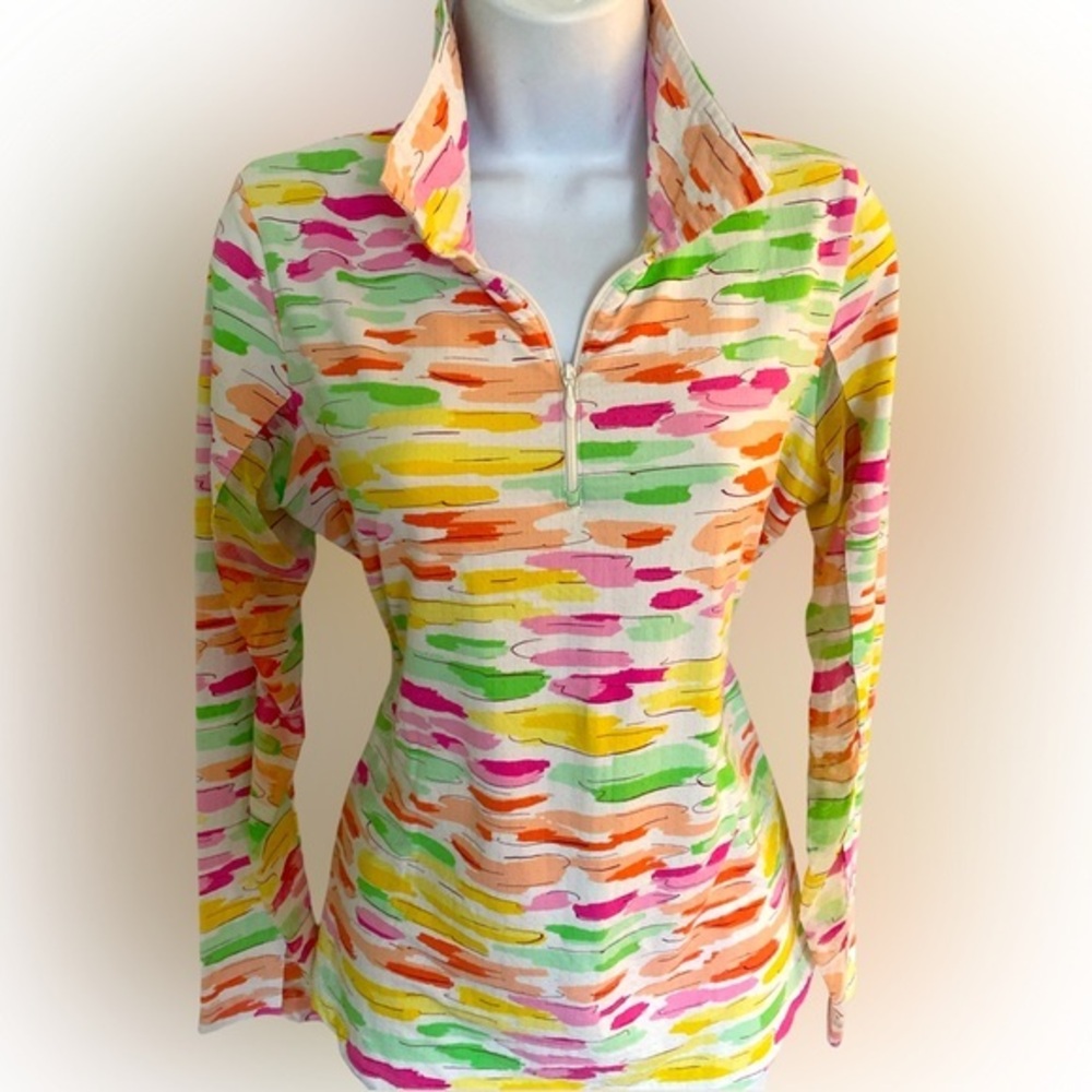 Ibkul UPF 50 Quarter Zip Top -M yellow pink orange , nylon spandex